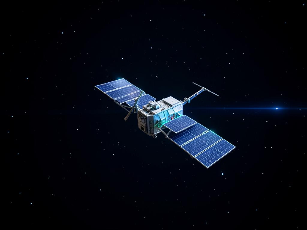 Small satellite with solar panels in orbit